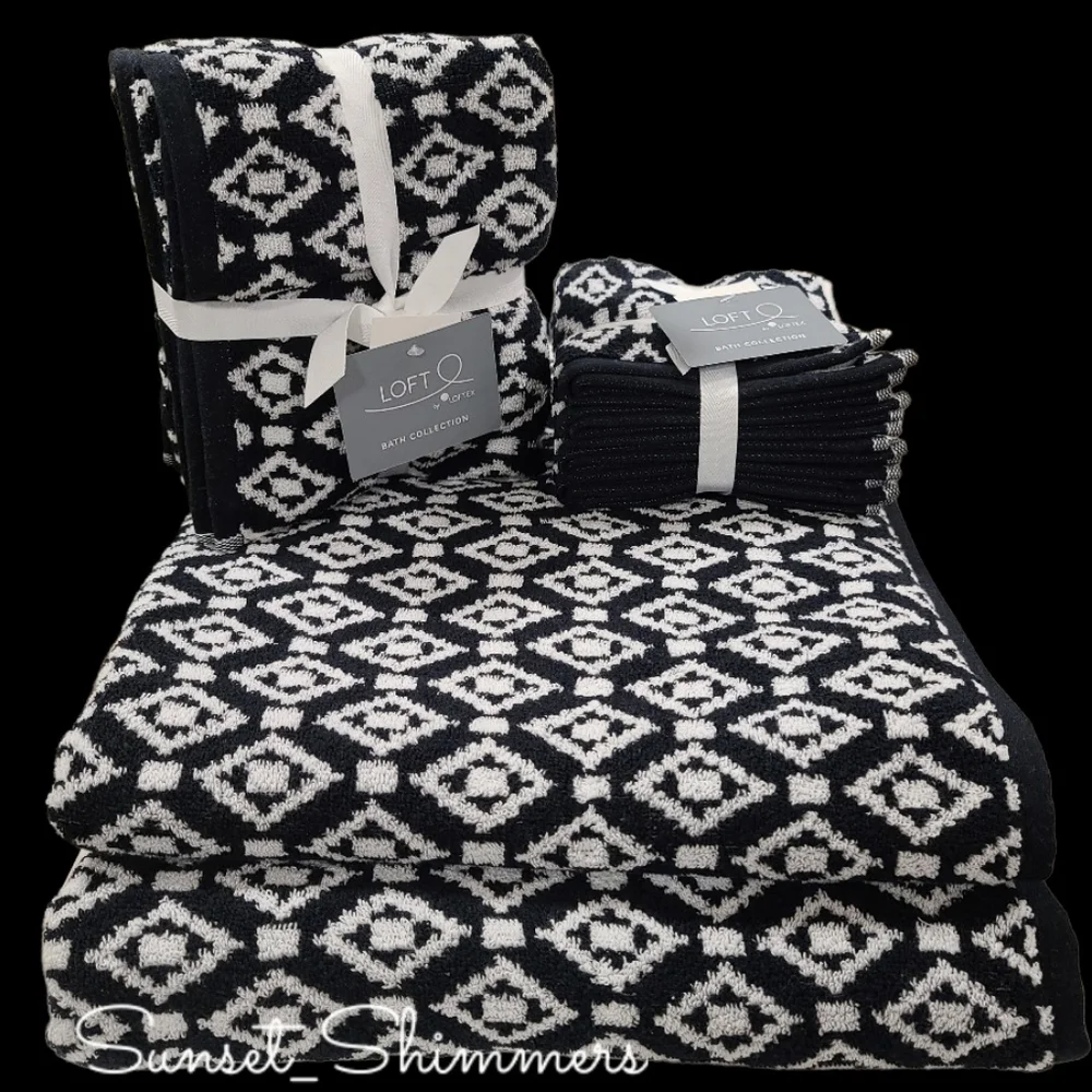8pc Loft Bath Hand Washcloth Black & White Diamond Aztec Tile Towel Set New